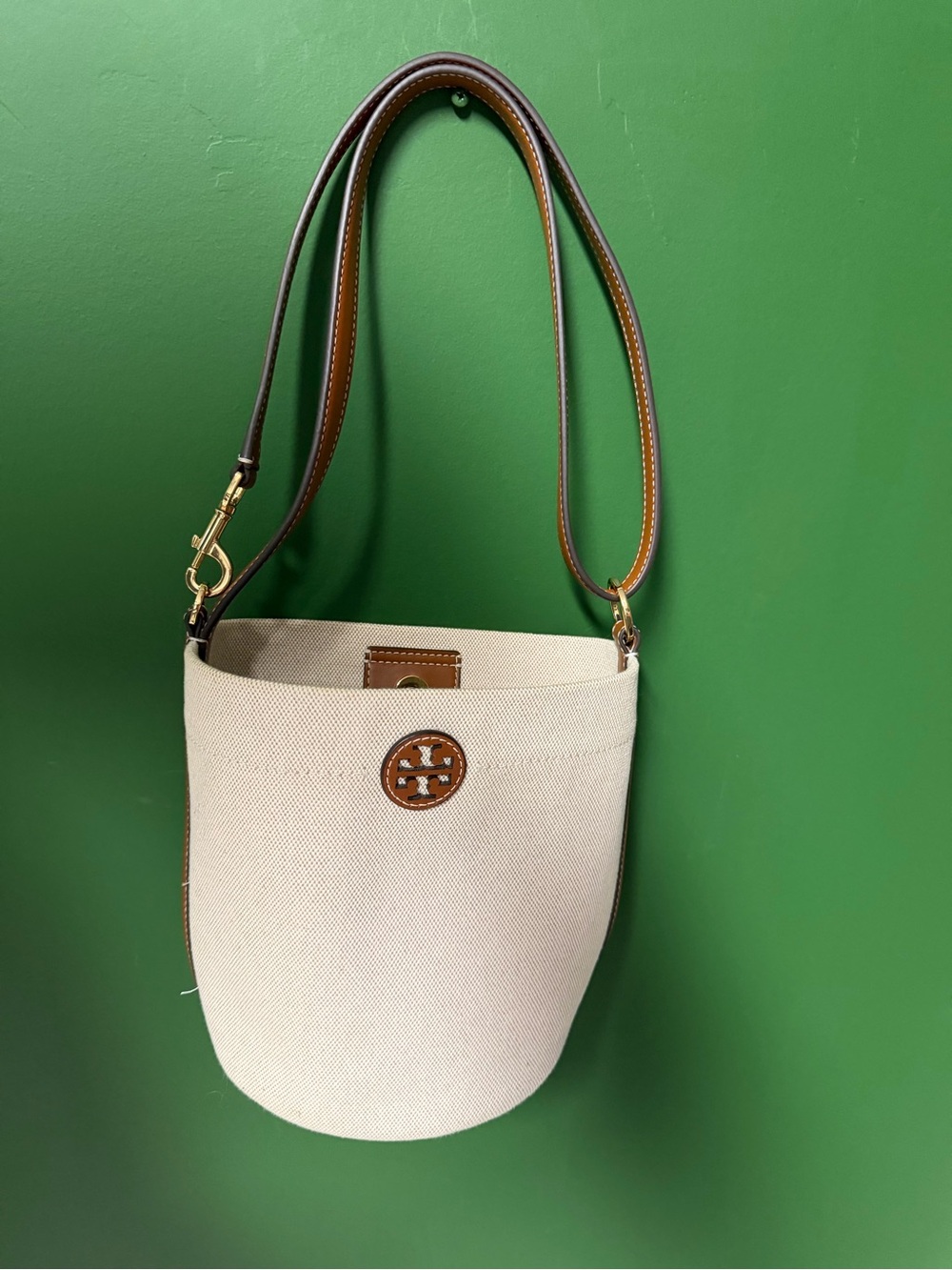 Tory Burch Cream Canvas Bucket Bag with Brown Leather Strap